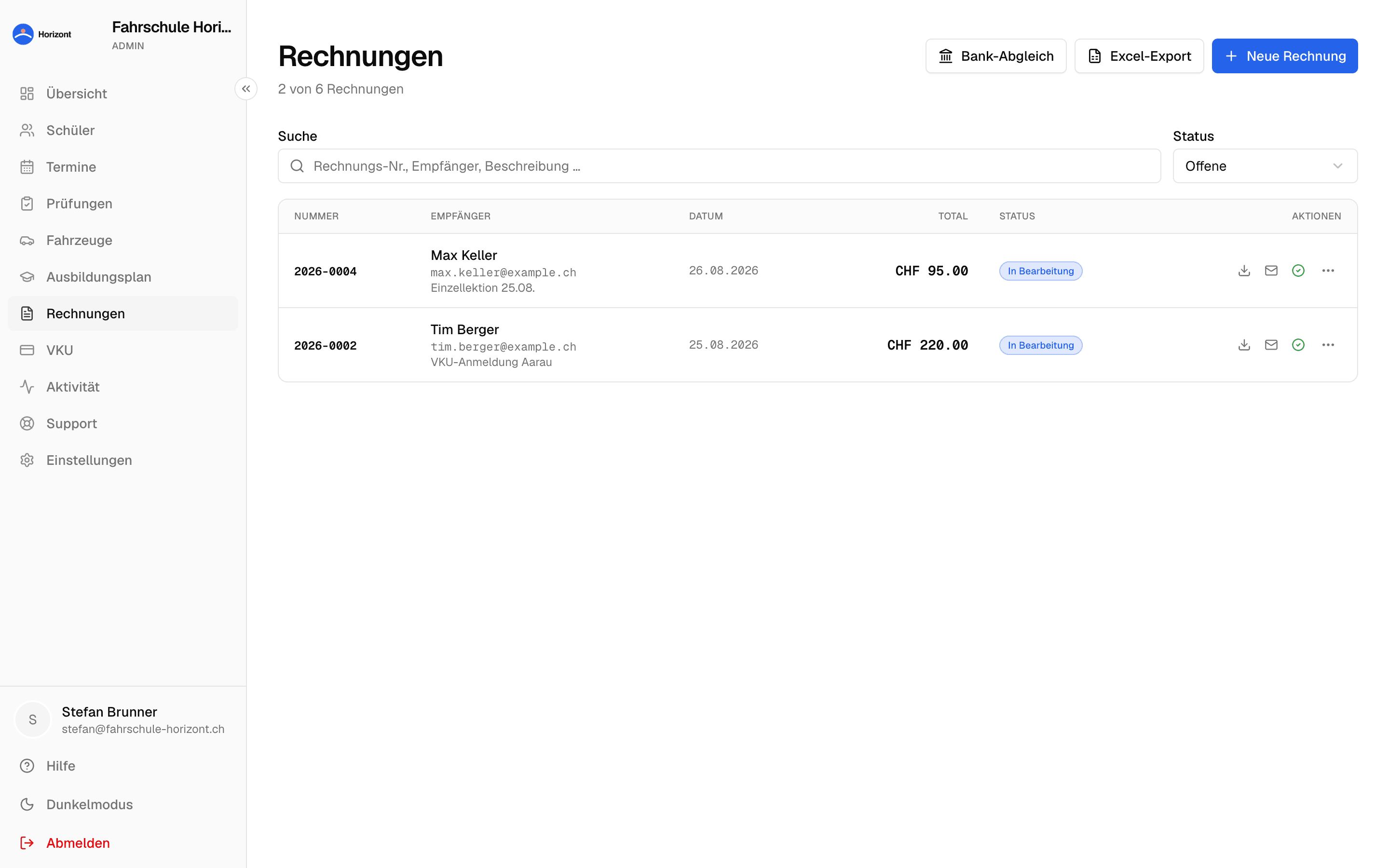 Steerly Admin: Rechnungsübersicht mit Status und Swiss-QR-Export