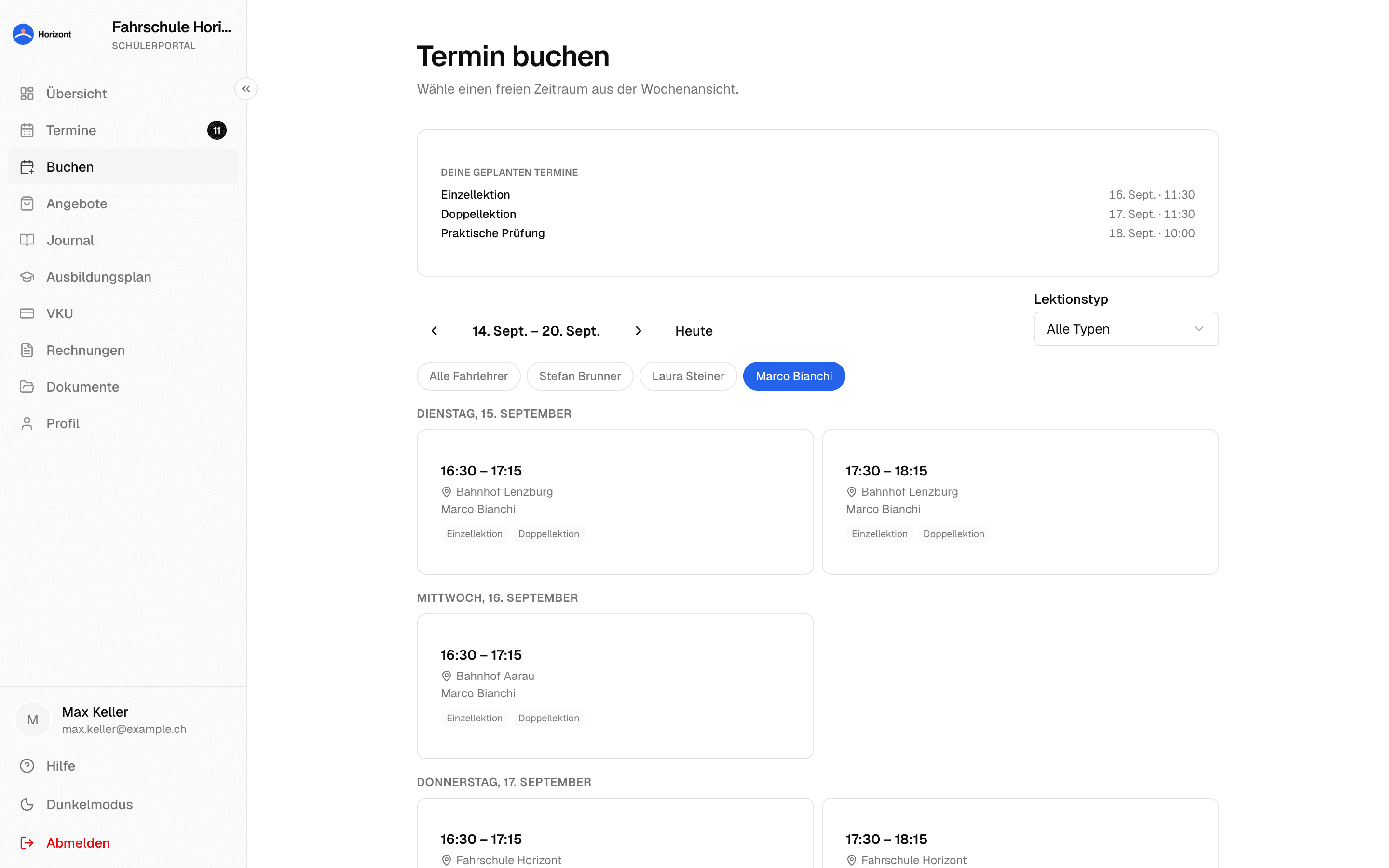 Schülerportal: freie Termine mit Fahrlehrer-Filter buchen